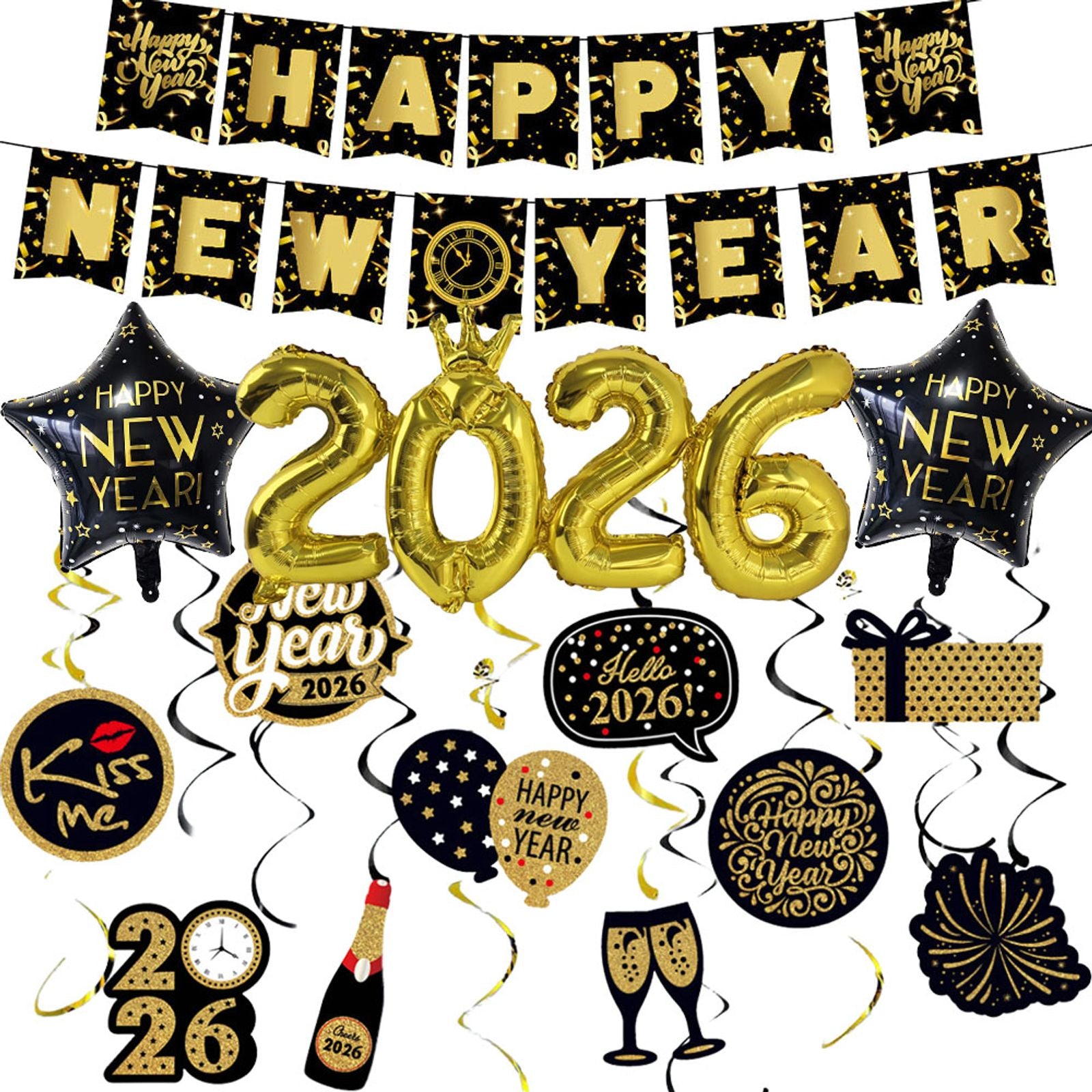 Happy New Year Banner with 2026 Star Balloons and Hanging Swirls