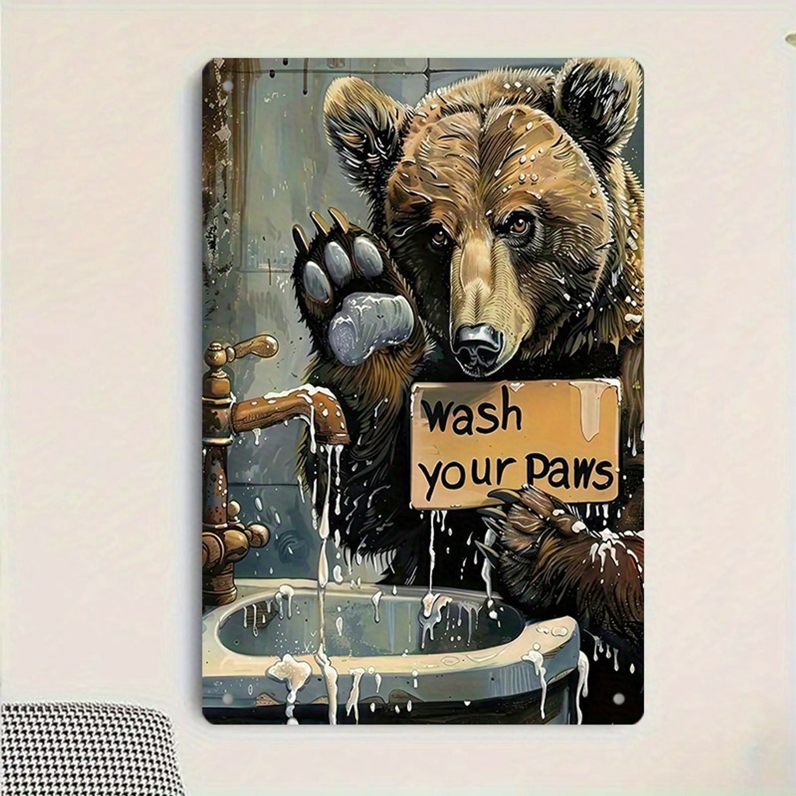 Vintage Bear Paw Print Wash Your Paws Metal Sign