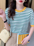 Women's Summer Stripe Knitted Round Collar T-Shirt