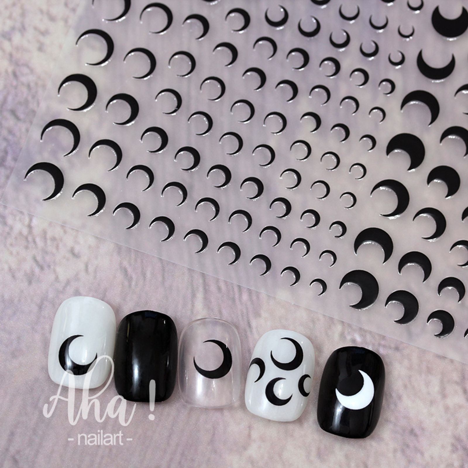 3D Crescent Moon Nail Stickers - White, Black, Gold, Silver