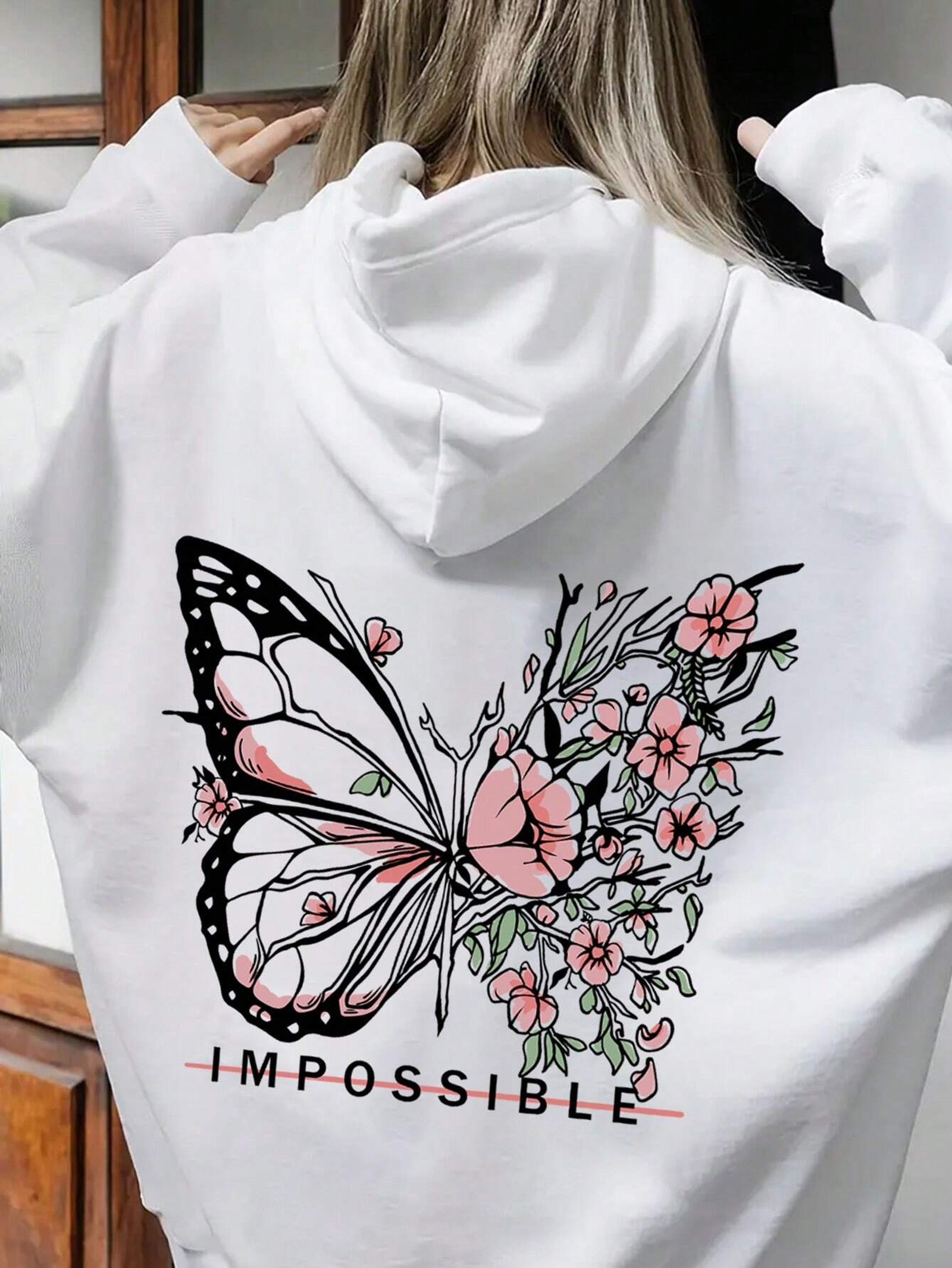 Rose Butterfly Graphic Print Hoodie for Women