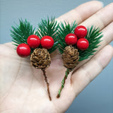 10pcs Artificial Pine Cones & Red Berry Stems for Christmas