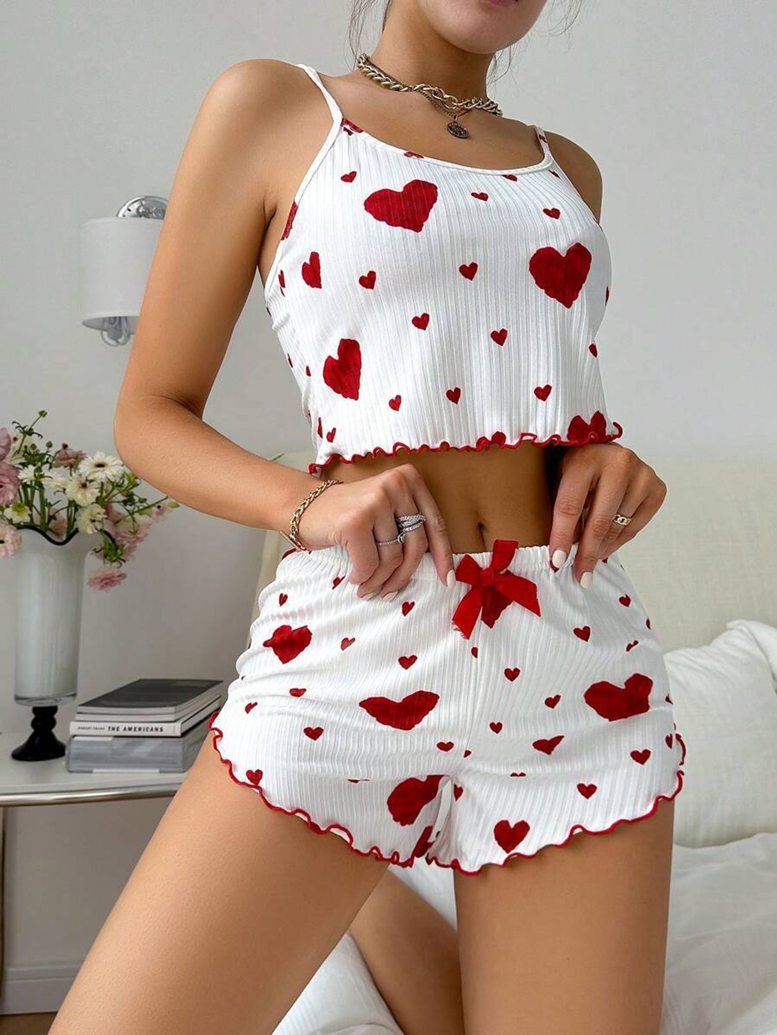 Womens 2PCS Heart Print Pajama Set - Sleeveless Crop Top & Shorts