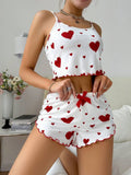 Womens 2PCS Heart Print Pajama Set - Sleeveless Crop Top & Shorts
