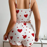 Womens 2PCS Heart Print Pajama Set - Sleeveless Crop Top & Shorts