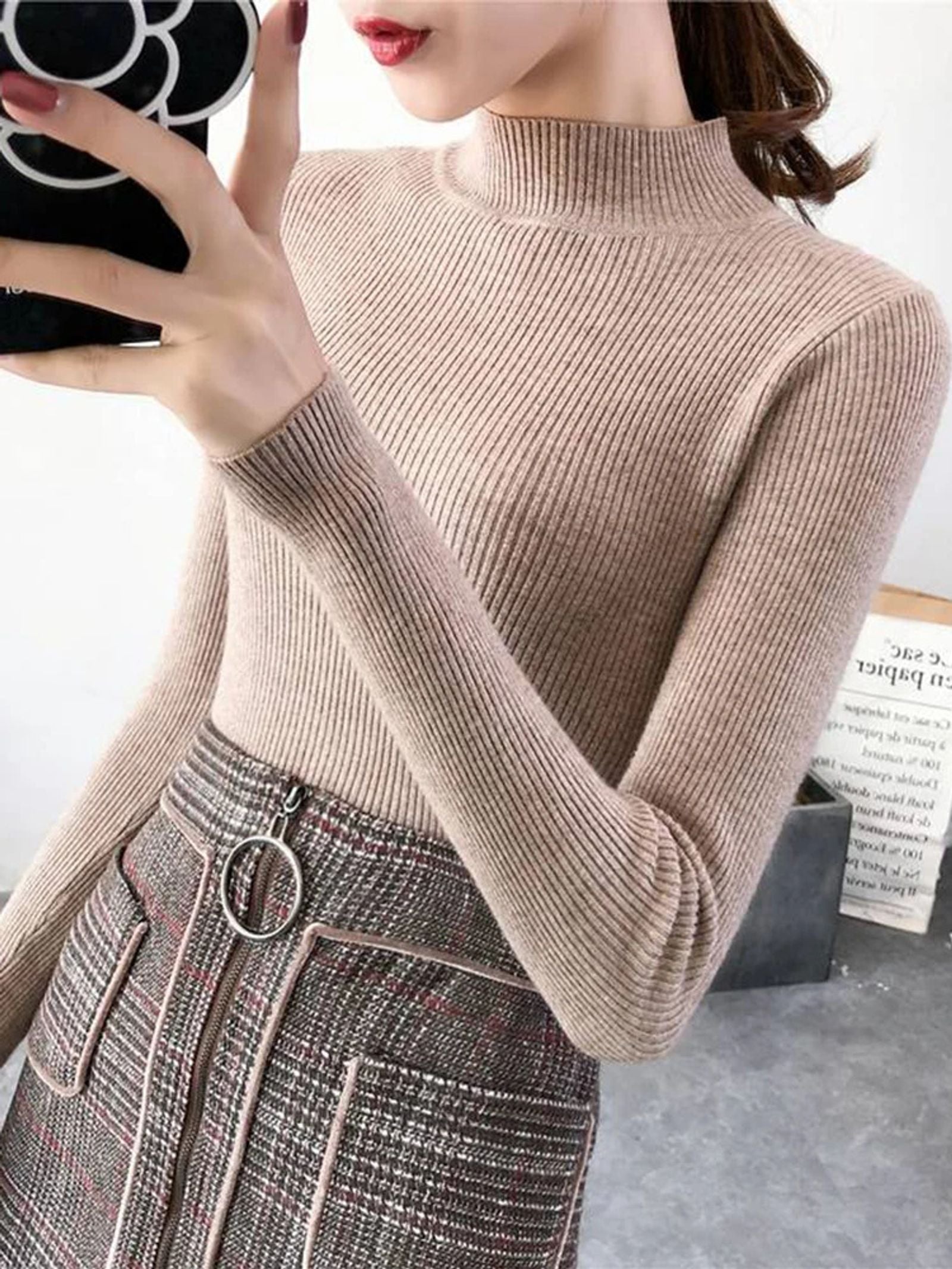 Autumn Winter Mock Neck Women's Vintage Knitted Sweater