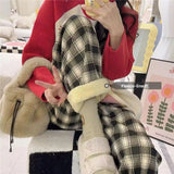 Lamb Velvet Fleece Lined Plaid Wide Leg Pants for Women