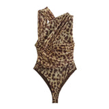 Leopard Print Mesh Sleeveless Bodysuit for Women