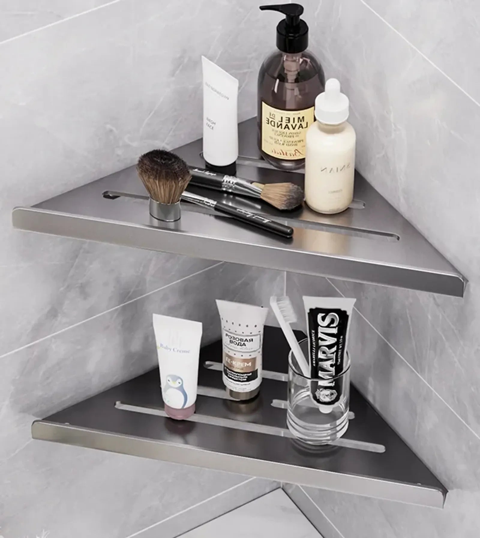 Wall-Mounted Triangle Drain Shelf with Hooks