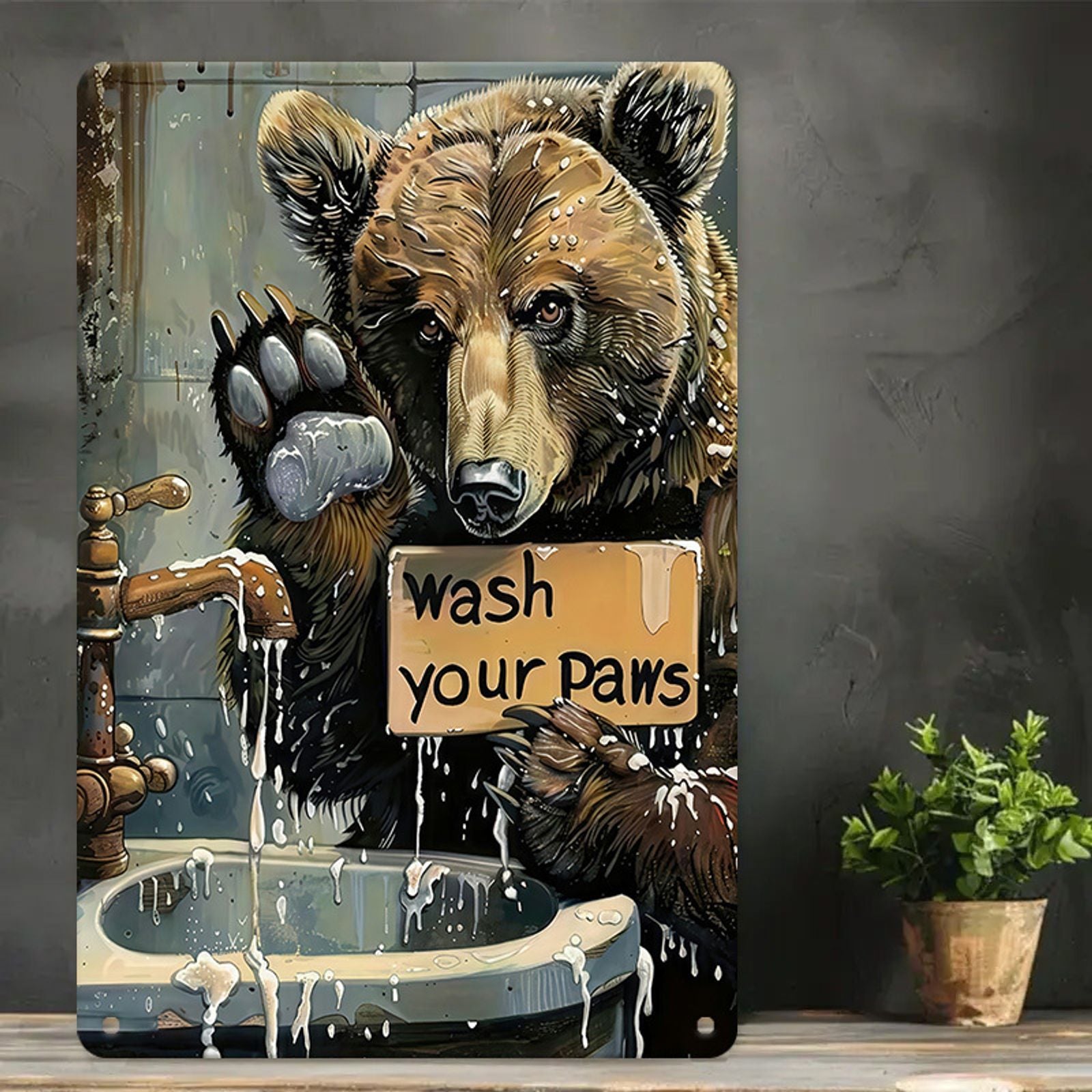 Vintage Bear Paw Print Wash Your Paws Metal Sign