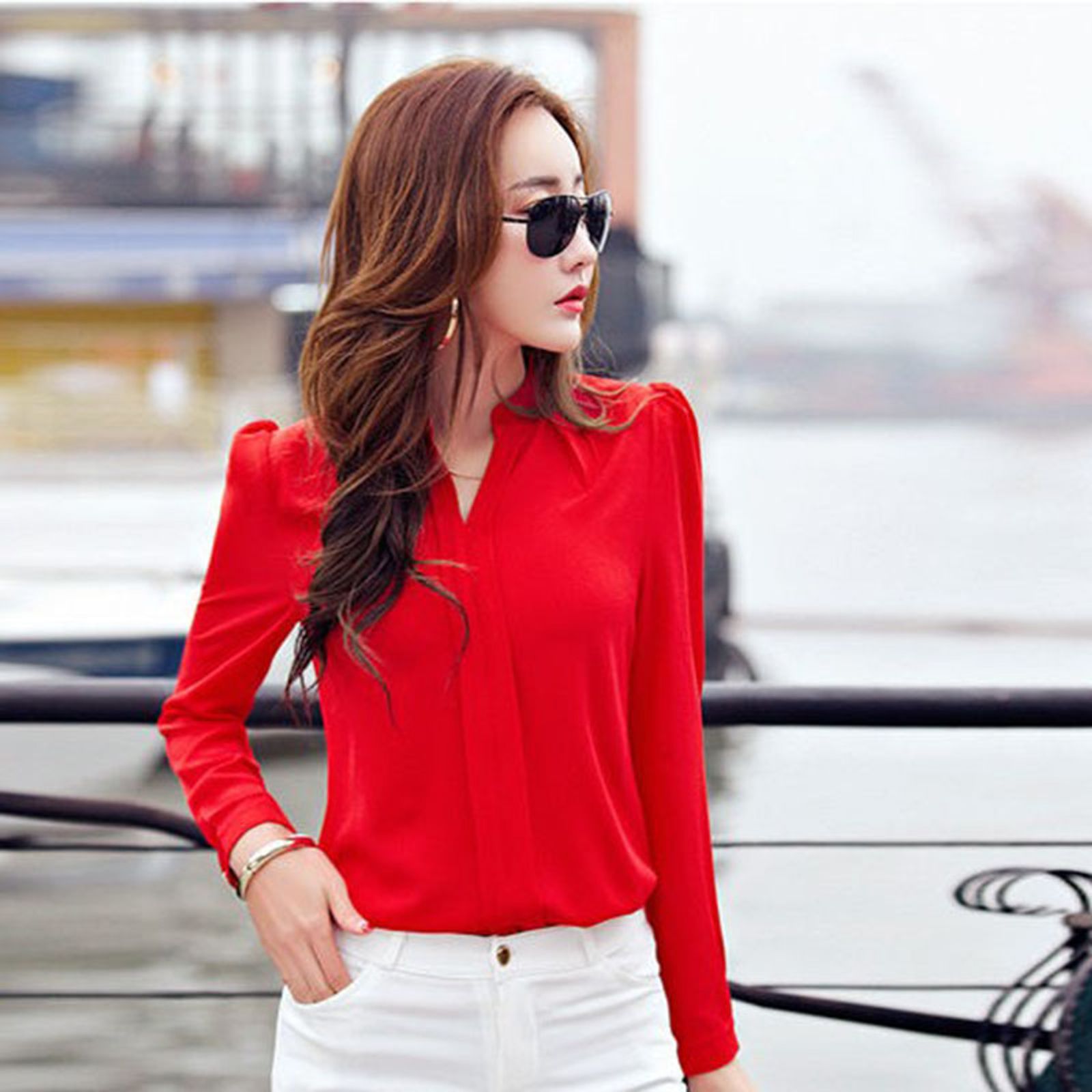 Women's Long Sleeve Chiffon Blouse - Elegant V Neck Shirt