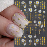 3D Pink Gold Flower Nail Stickers with Metallic Gold Lines