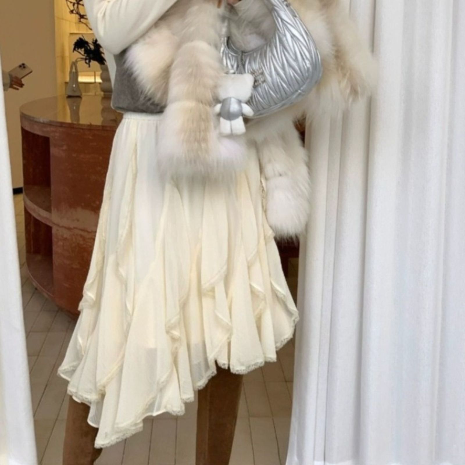 Y2K White Patchwork Lace Midi Skirt for Women