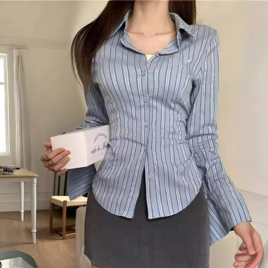 Korean Blue Striped Long Sleeve Shirt Jacket for Women