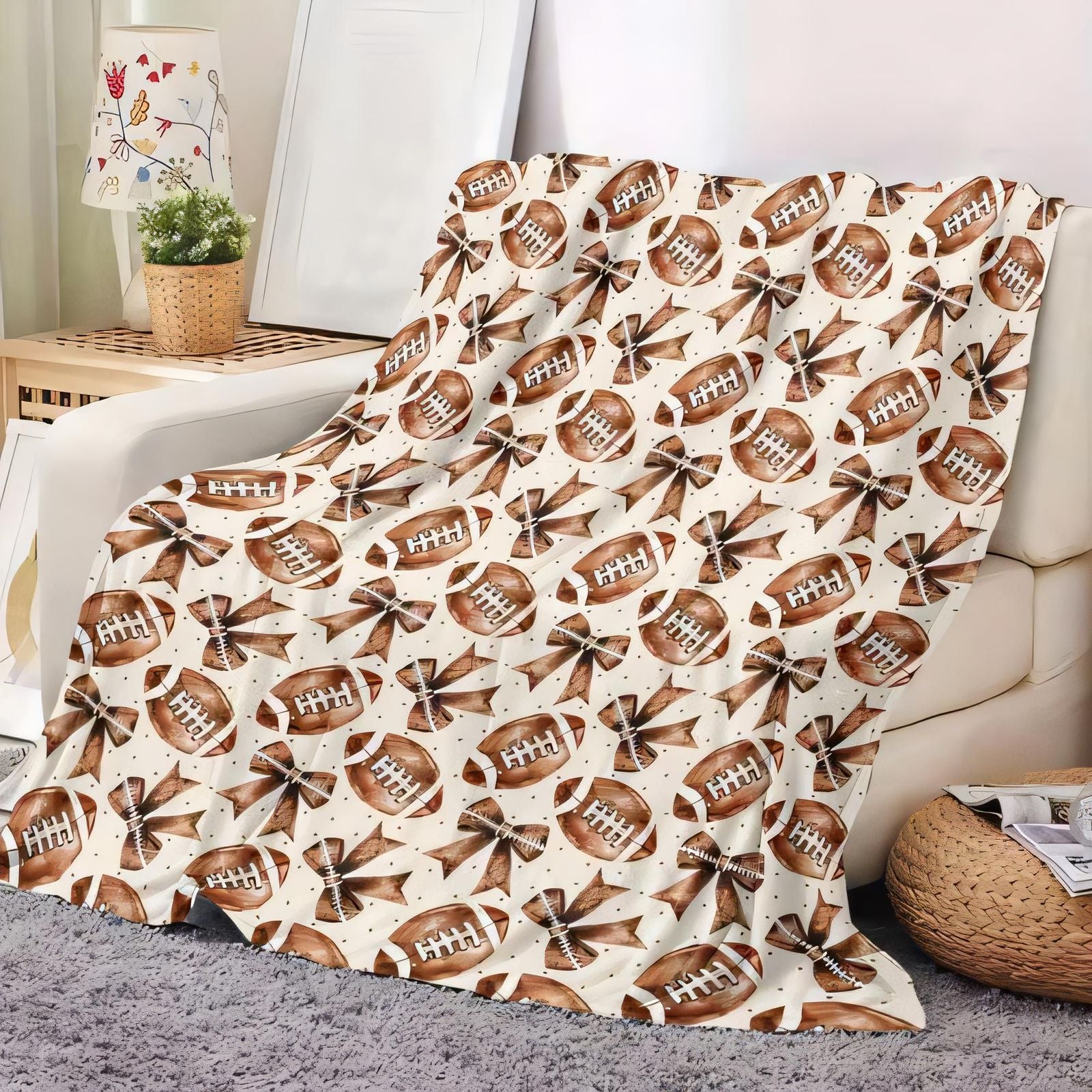 Cozy White Throw Blanket with Brown Footballs & Bows