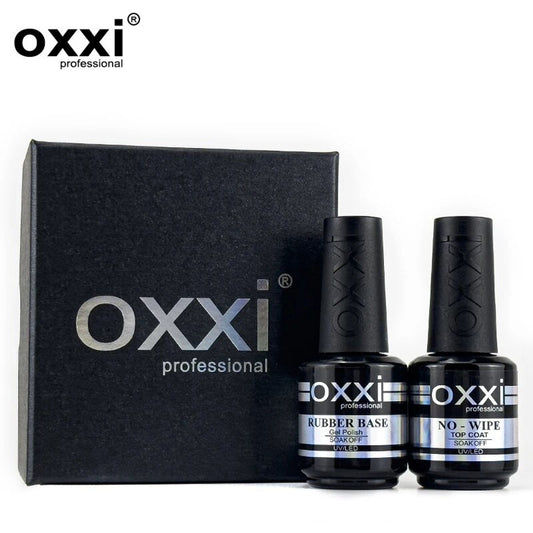 OXXI Rubber Base Coat UV Gel 15ml - No Wipe Top Coat Set