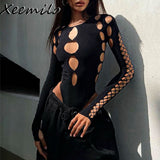 Xeemilo Dot Hollow Out Long Sleeve Bodysuit