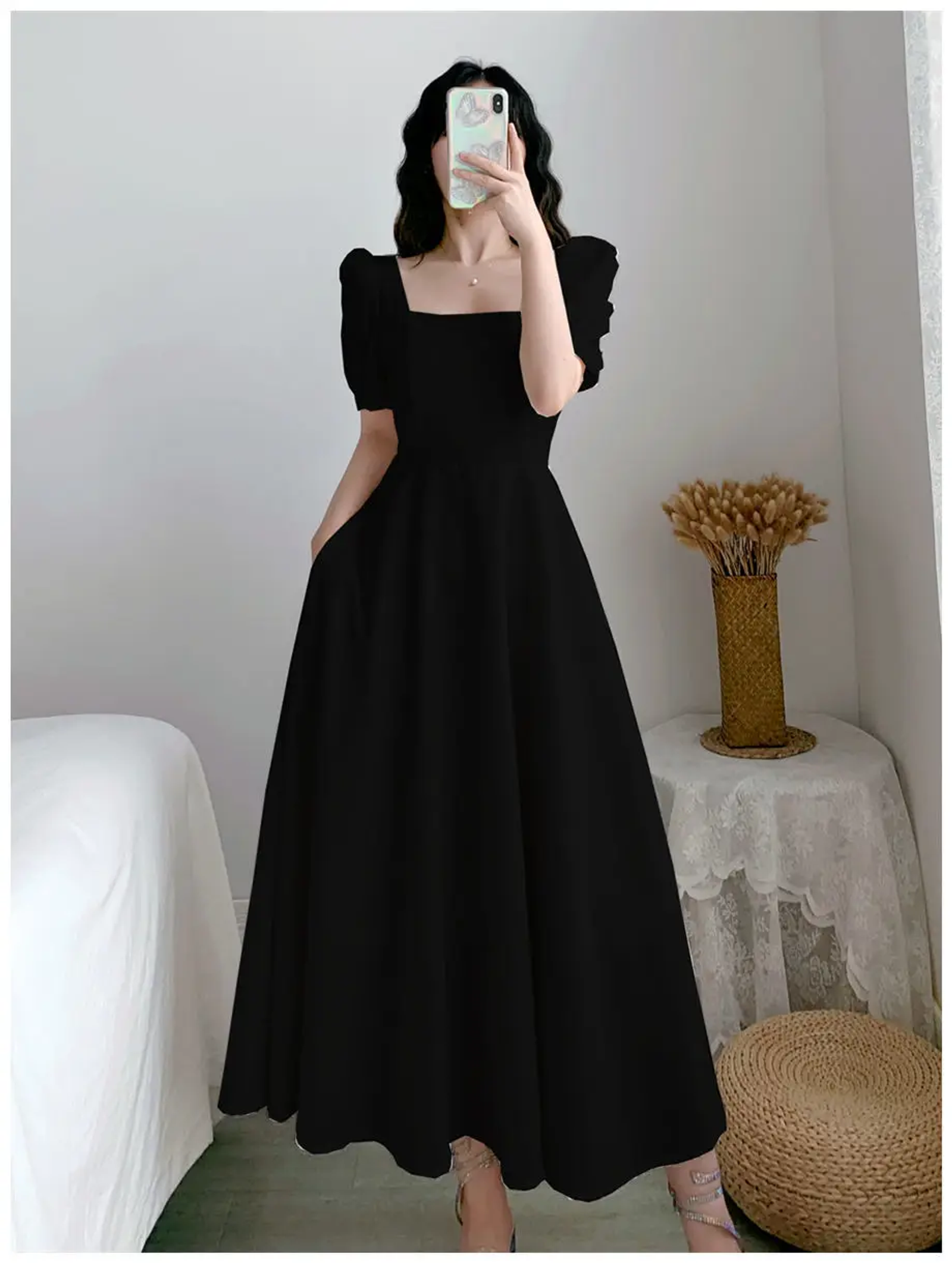 Slim Fit White Bubble Sleeve Dress with Square Neck