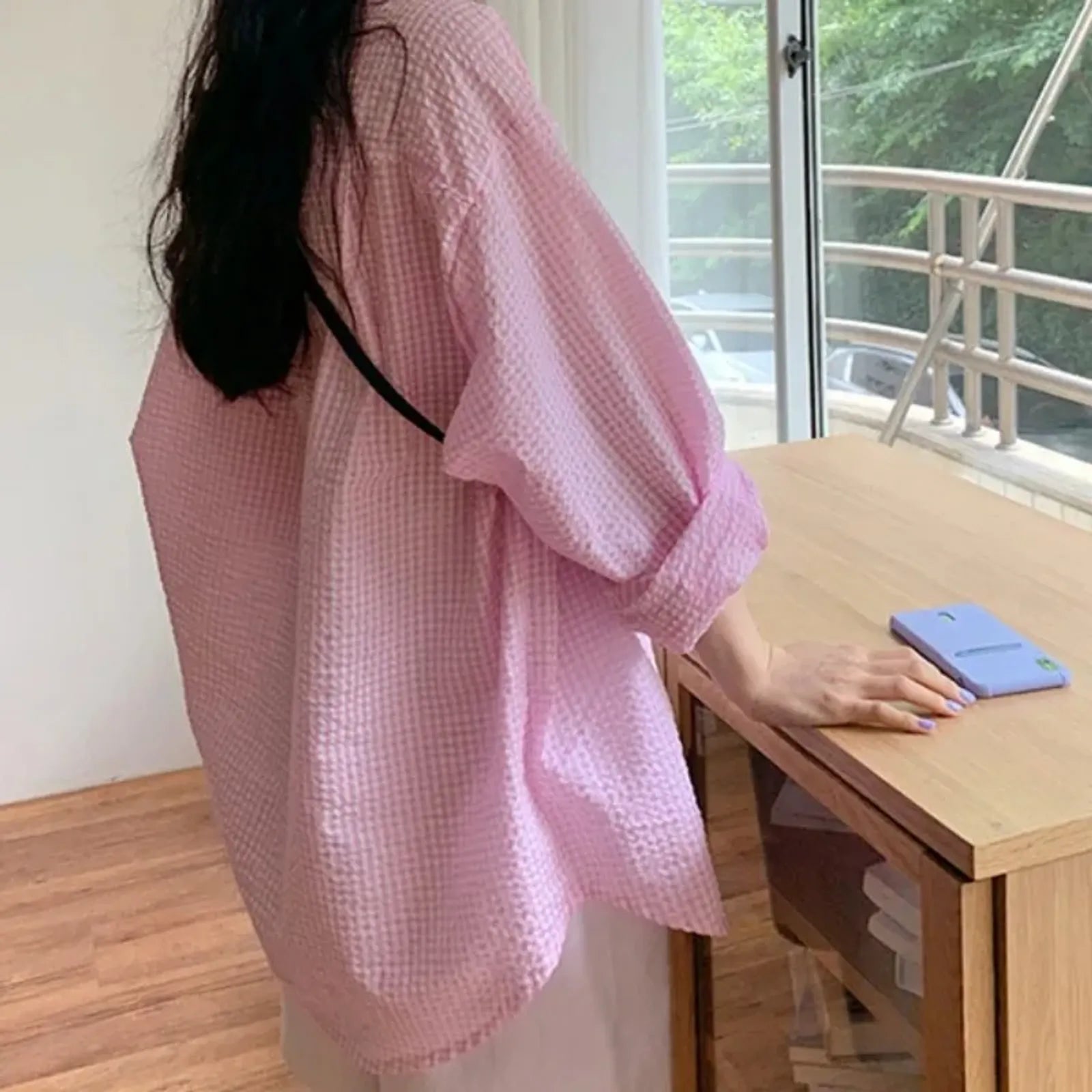 Korean Women's Long Sleeve Plaid Shirt for Summer