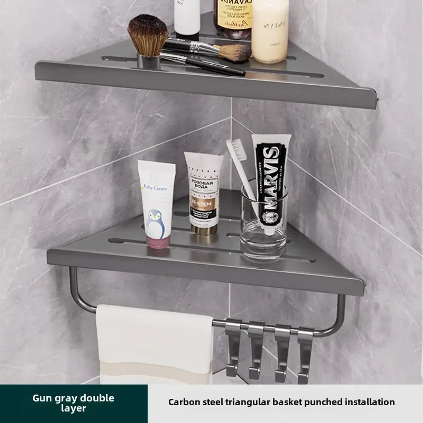 Wall-Mounted Triangle Drain Shelf with Hooks