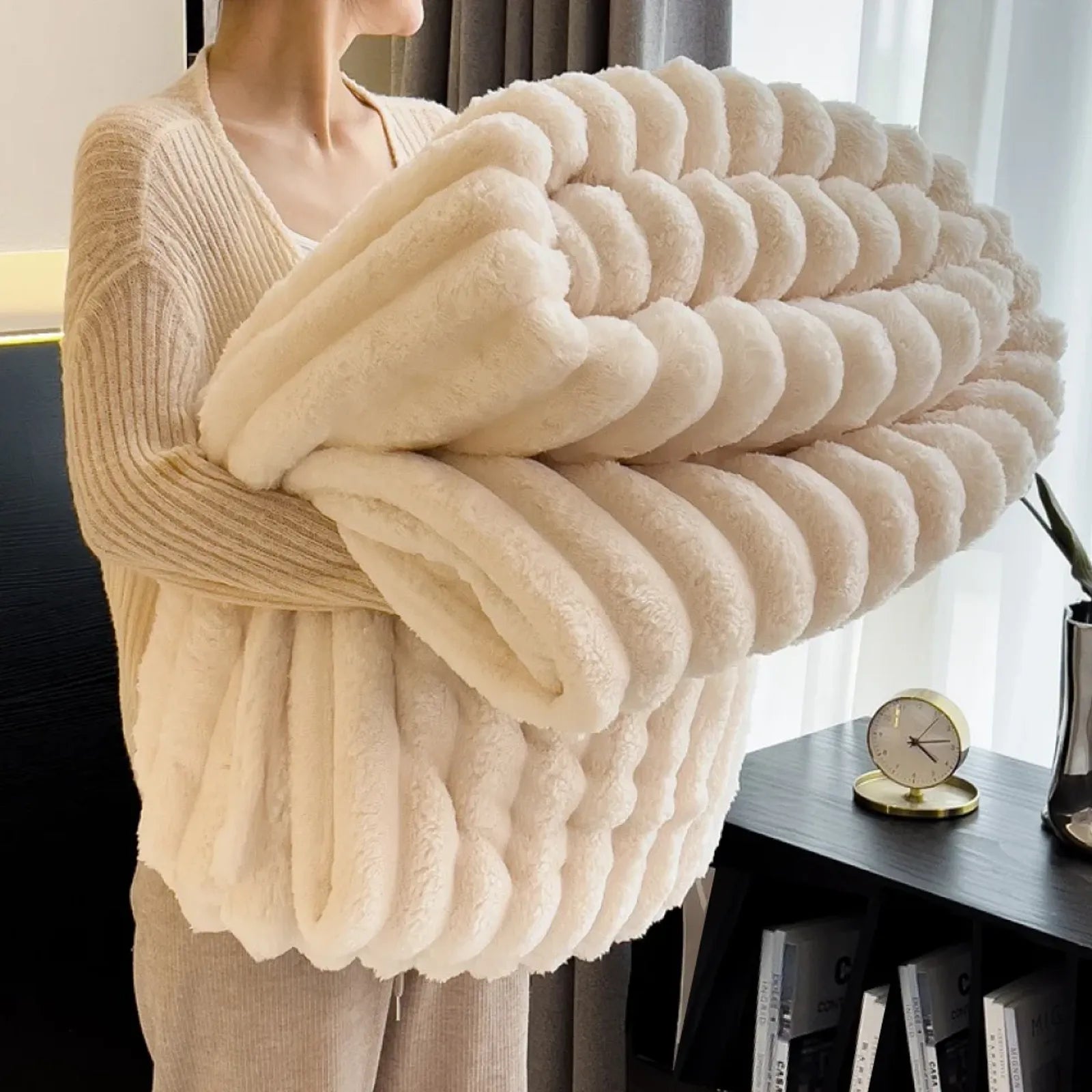Soft & Warm Fluffy Throw Blanket - Decorative Striped Design