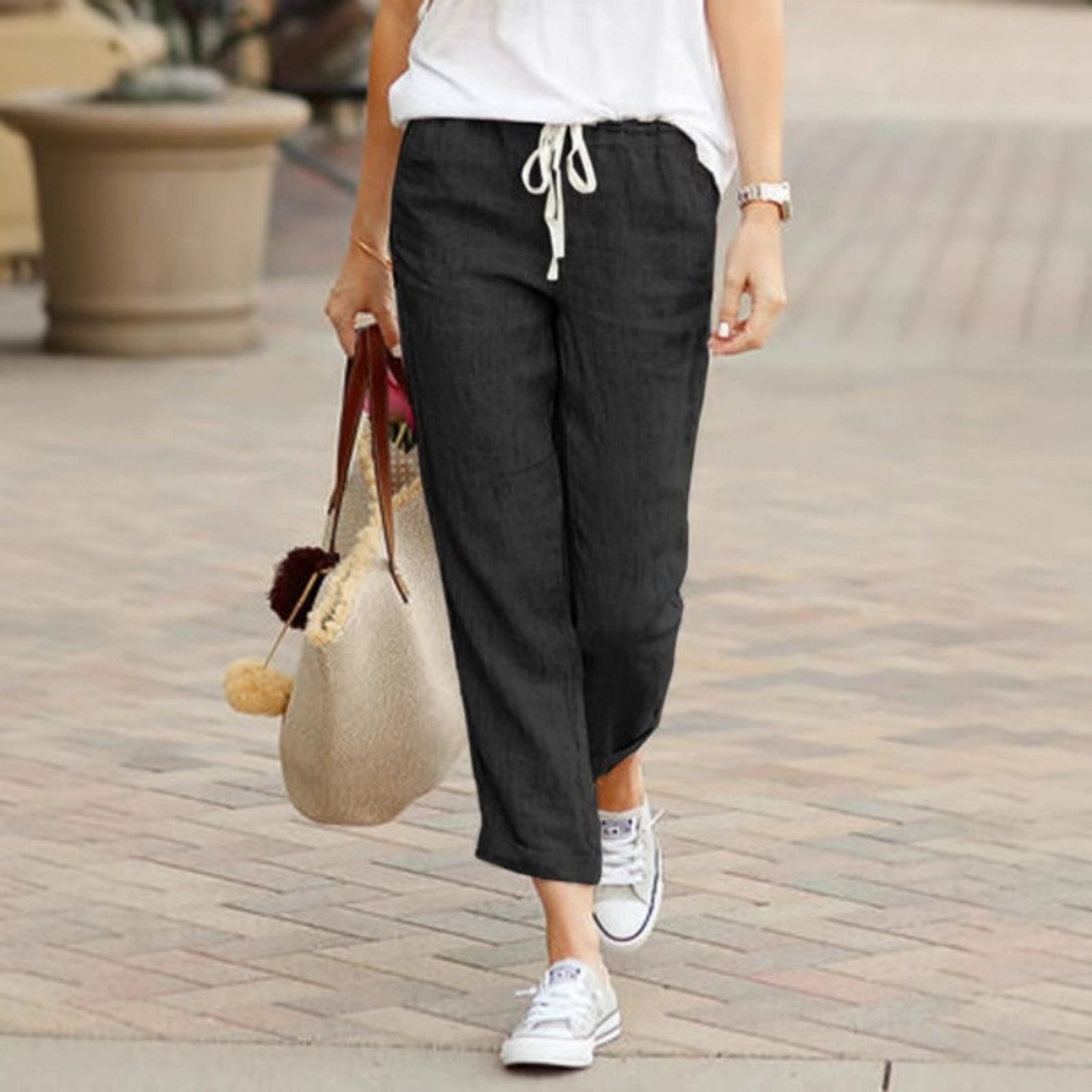 Elegant Solid Drawstring Loose Cotton Pants for Women