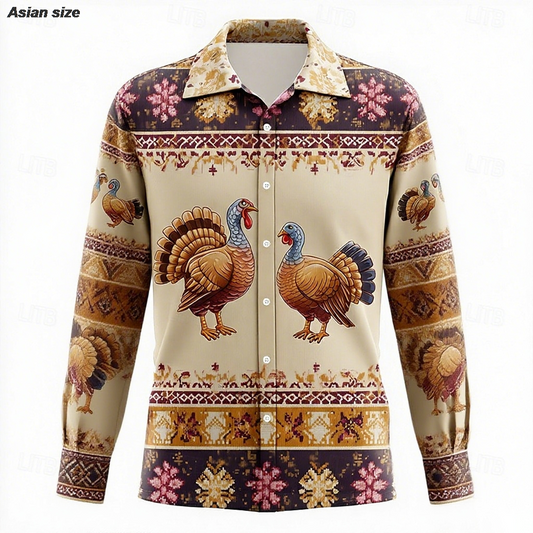Men's Vintage 3D Print Long Sleeve Thanksgiving Shirt