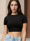 Y2K Women’s Solid Cotton Crop Top - Short Sleeve O-Neck Tee