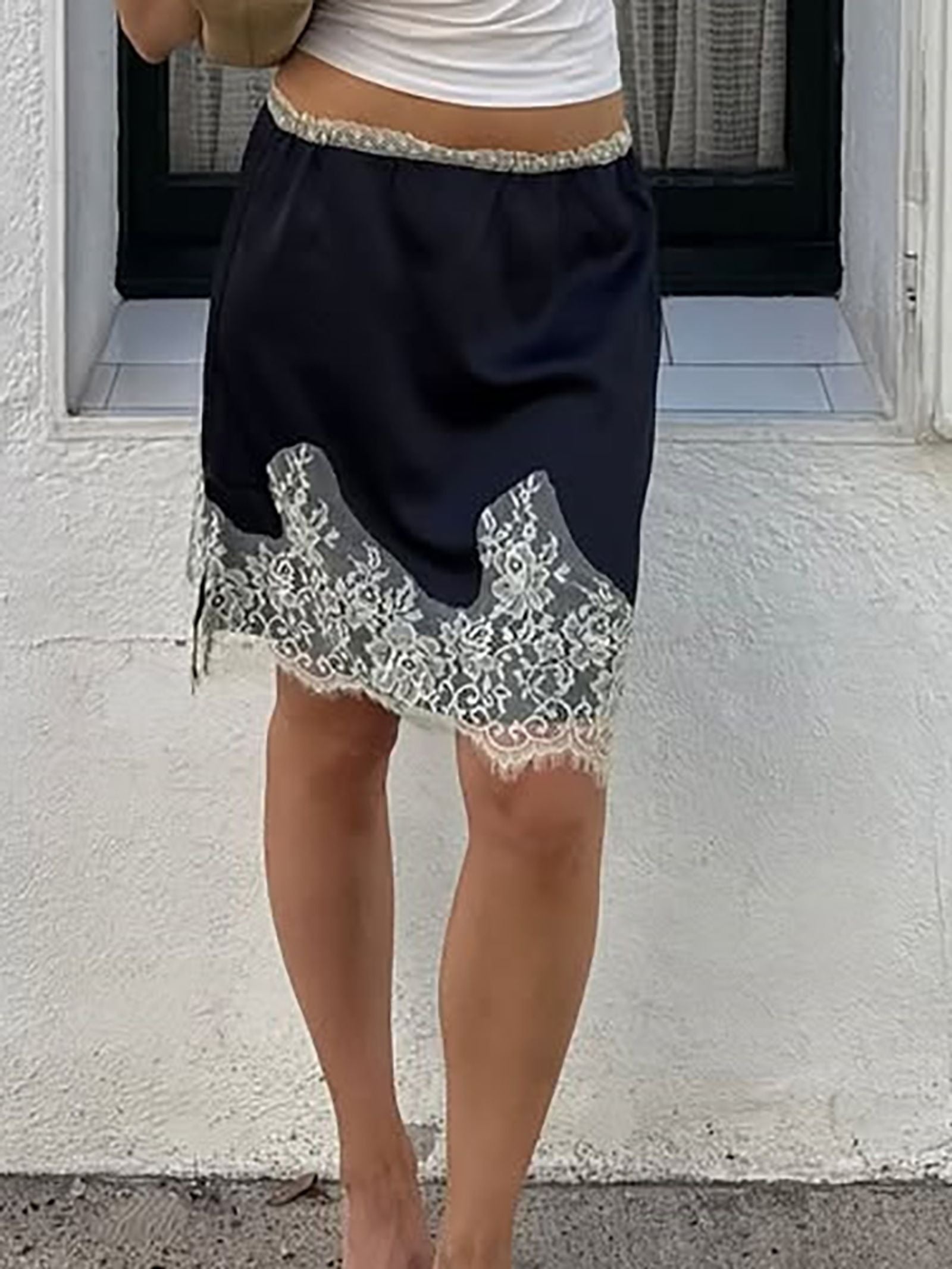 Y2K Style Satin Mini Skirt with Lace Patchwork