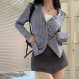 Korean Blue Striped Long Sleeve Shirt Jacket for Women