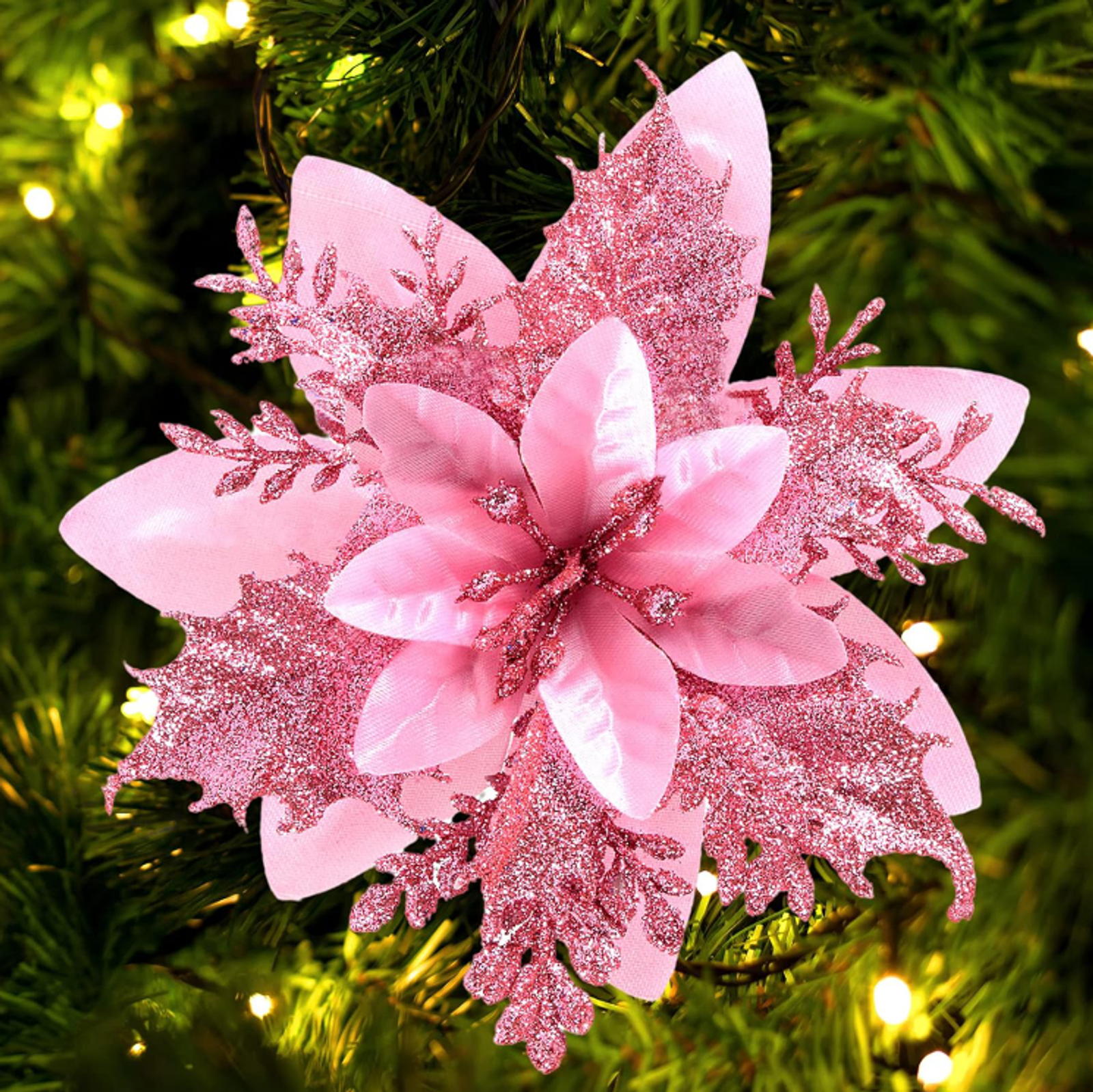 20 Pcs Glitter Artificial Christmas Flowers for Holiday Decor