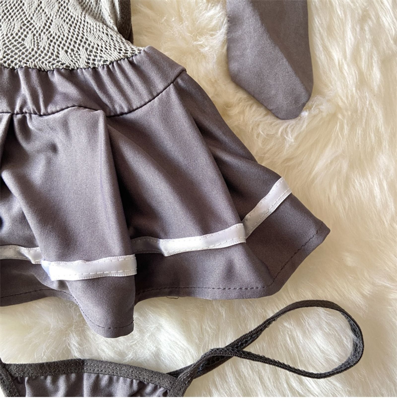 Gray Sexy Hollow Mesh Halter Mini Dress with Stockings