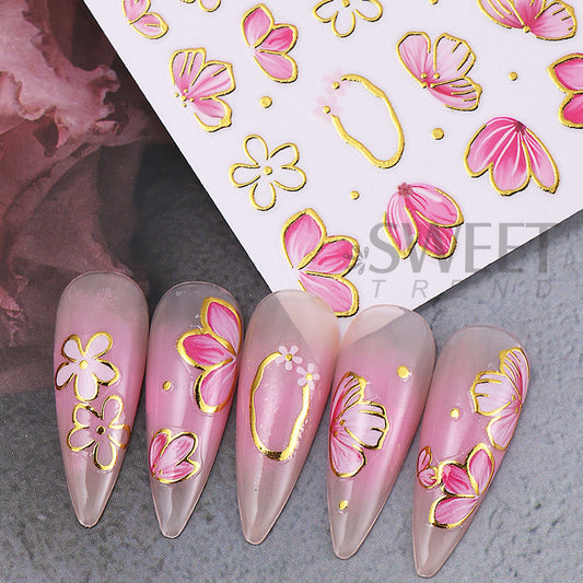 Golden Pink Hibiscus Flower Nail Stickers - 3D Decals