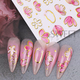 Golden Pink Hibiscus Flower Nail Stickers - 3D Decals