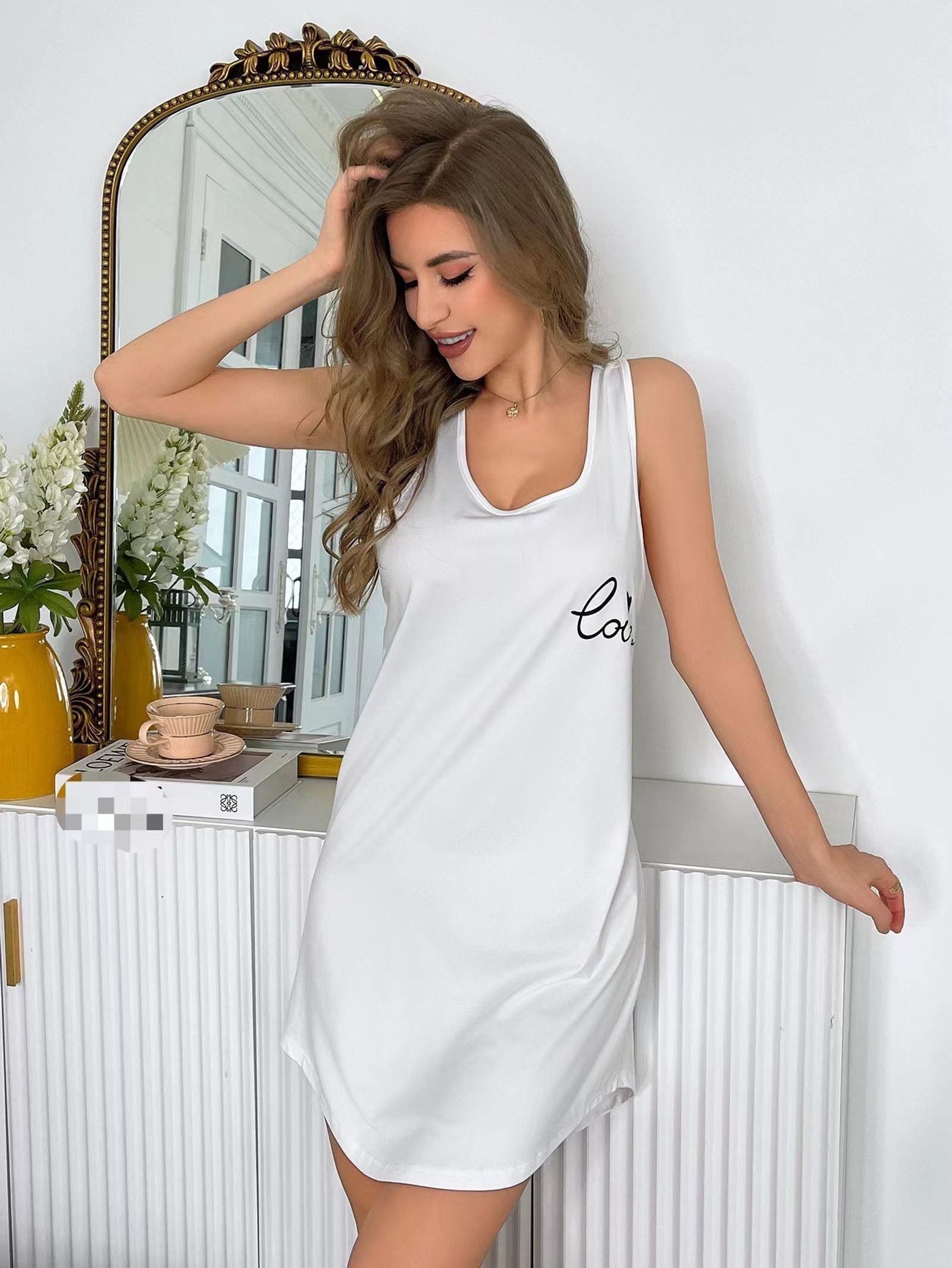 Women's Sleeveless Vest Nightdress with Love Print