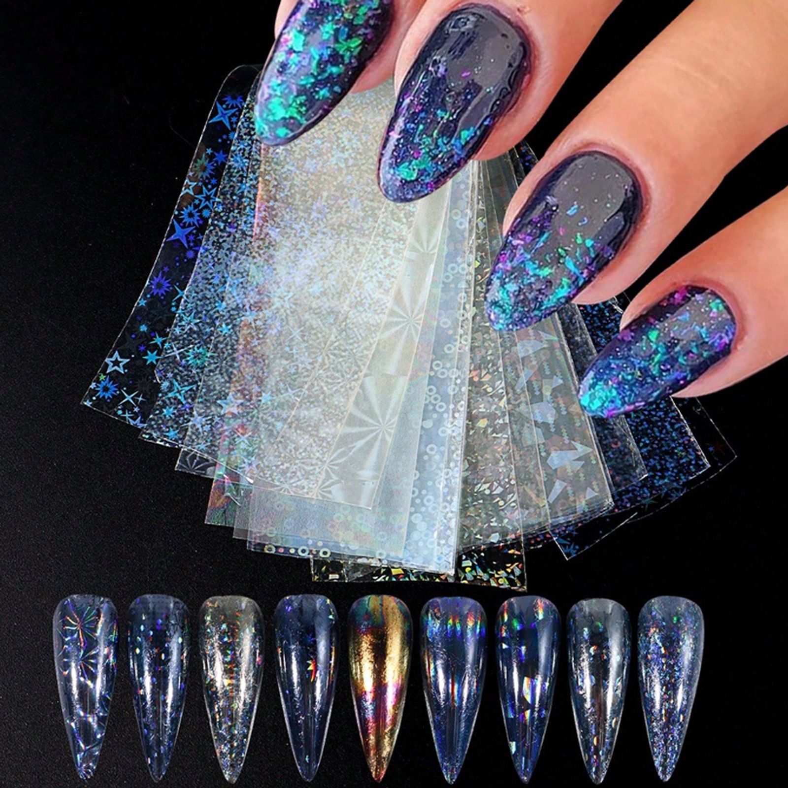 9PCS Nail Transfer Stickers Holographic Design Gel Decals