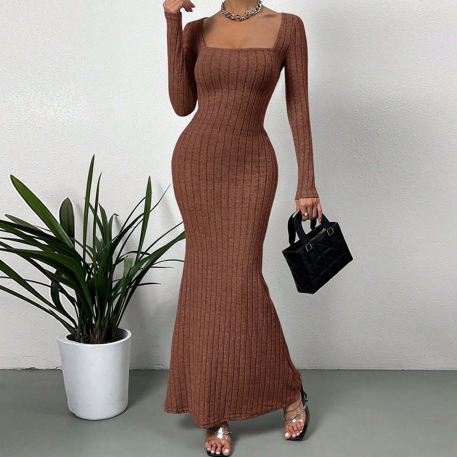 Women's Retro Long-Sleeved Square Neck Knitted Dress