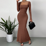 Women's Retro Long-Sleeved Square Neck Knitted Dress