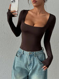 Basic Square Neck Long Sleeve Bodysuit for Women