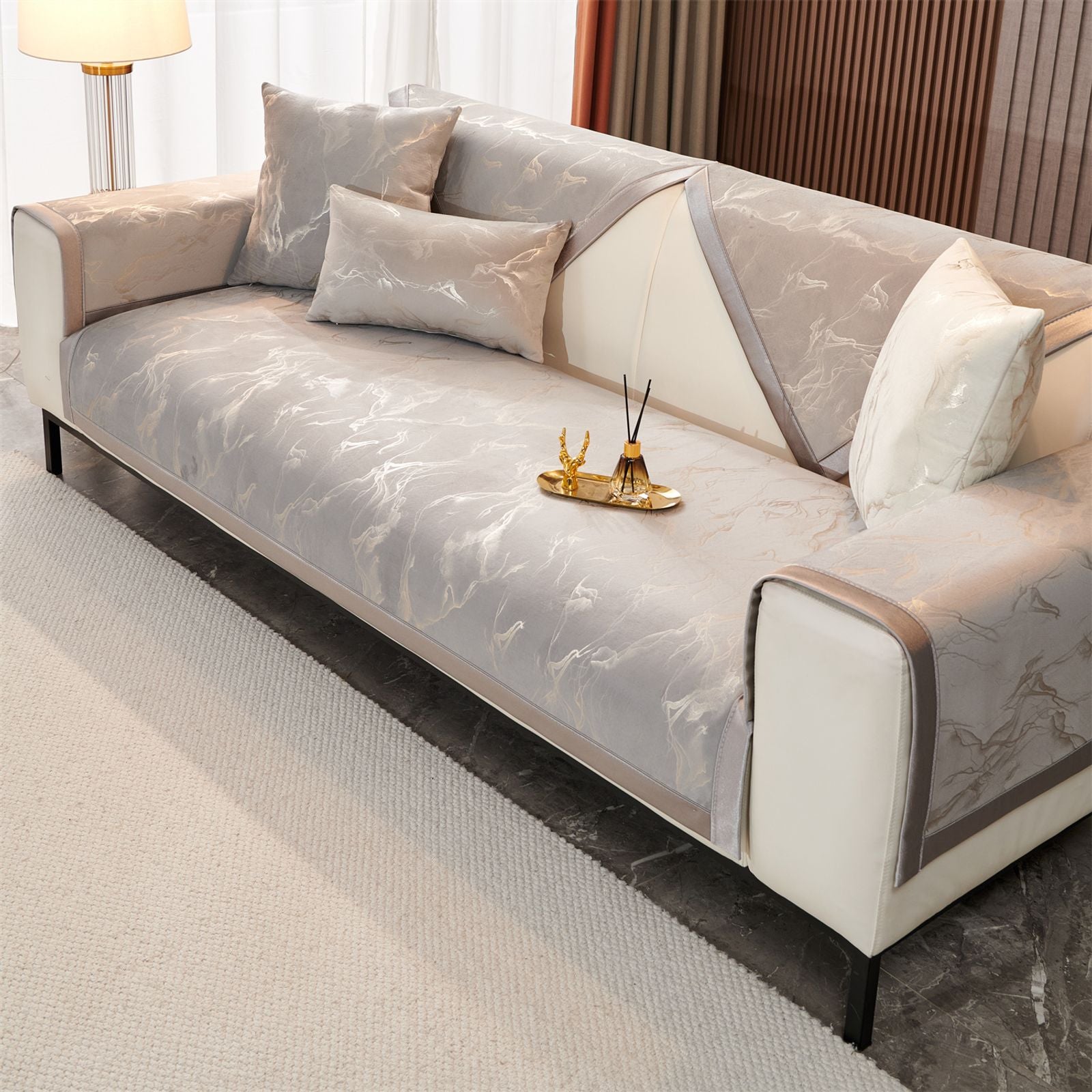 Marble Lines Velvet Sofa Cover for L-Shape Couch