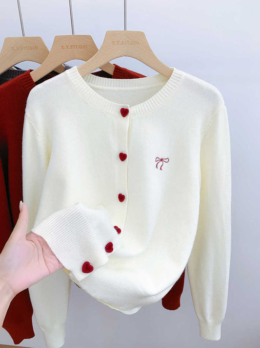Women's O-Neck Heart Button Sweater Cardigan with Bow Embroidery
