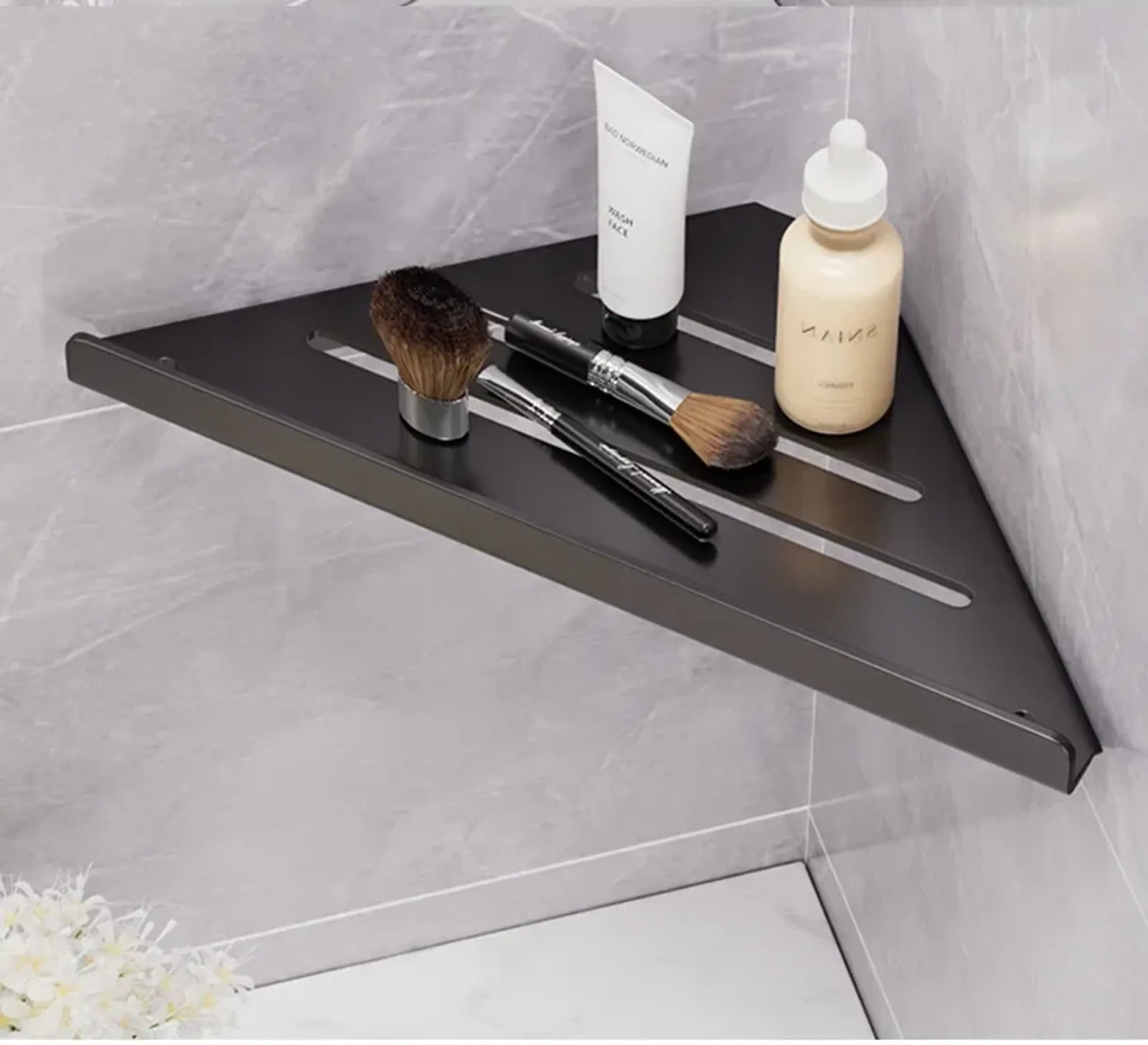 Wall-Mounted Triangle Drain Shelf with Hooks