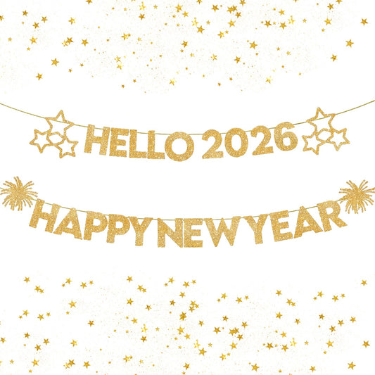 Glitter Happy New Year Gold Banner for 2026 Celebrations