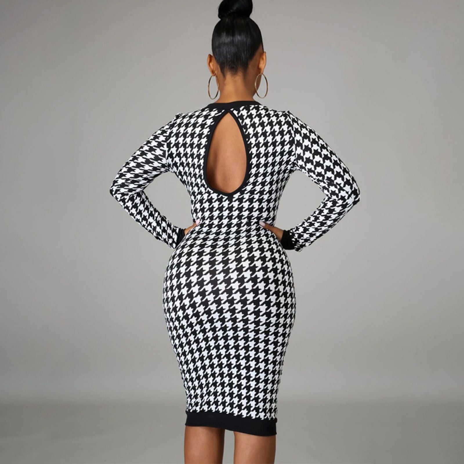 Houndstooth Print Long Sleeve Midi Dress for Women