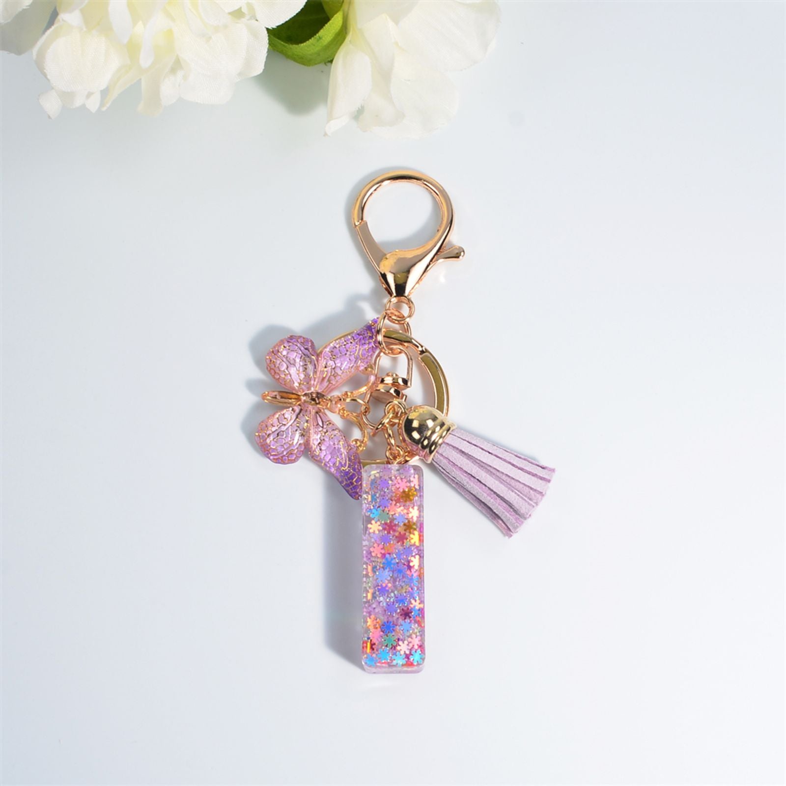 Dreamy Sequin Initial Keychain with Butterfly Pendant