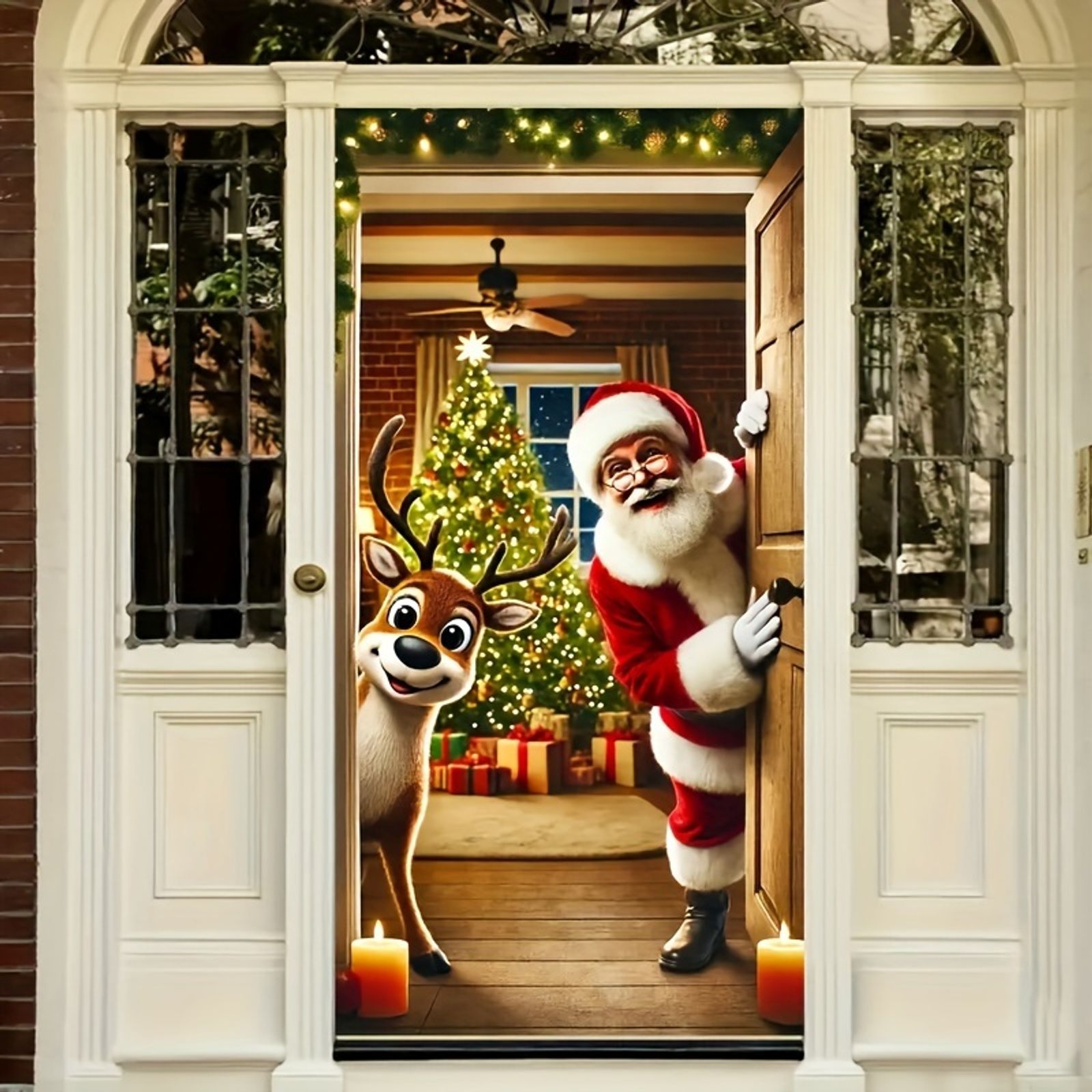 Winter Santa Claus Deer Door Cover Decoration
