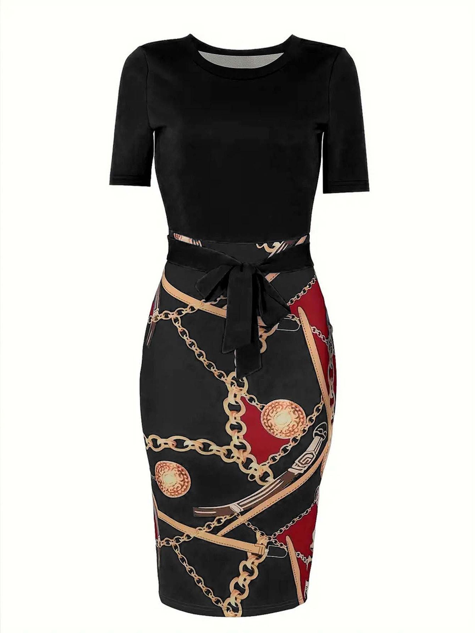 Women's Colorblock Chain Print Wrap Dress with Belt