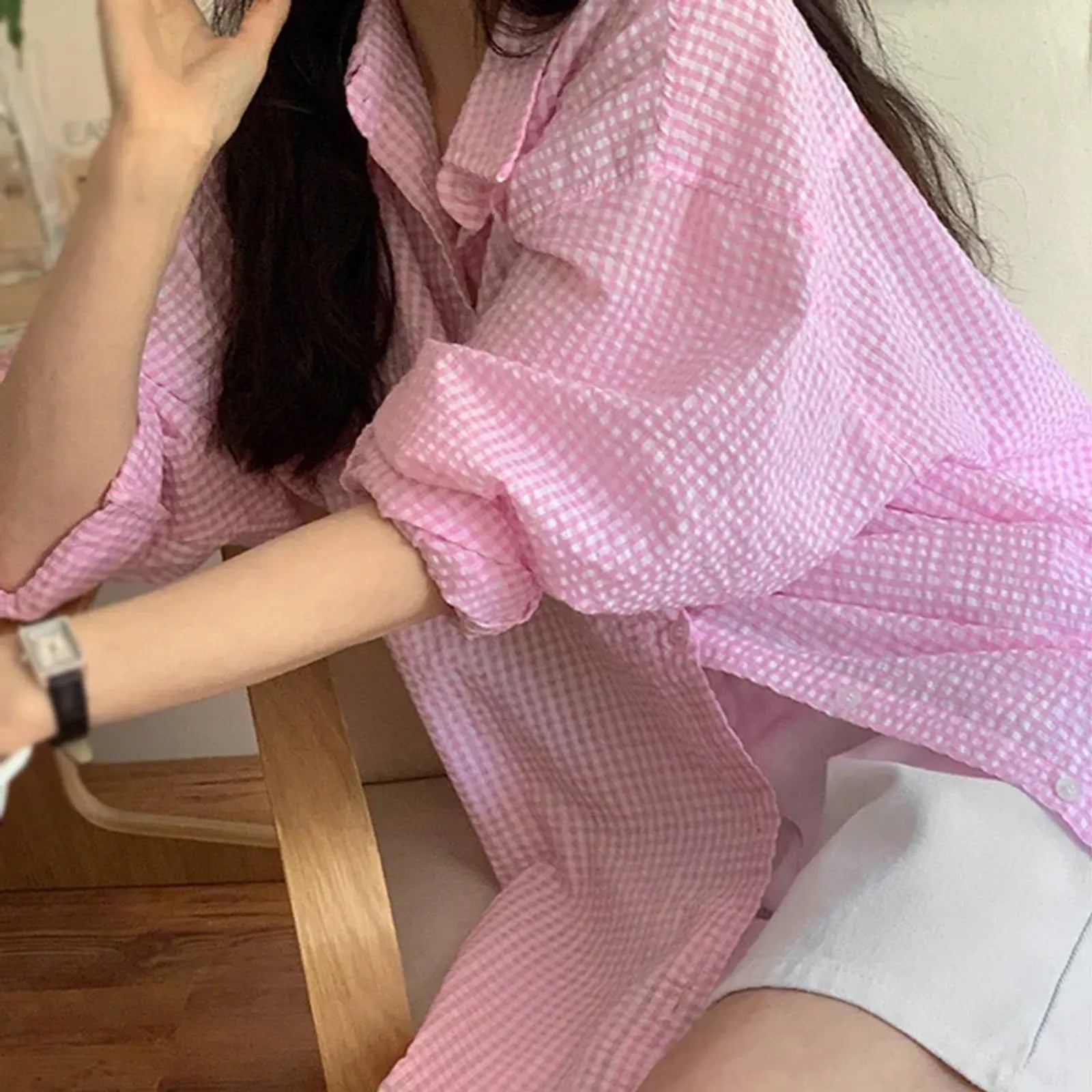 Korean Women's Long Sleeve Plaid Shirt for Summer