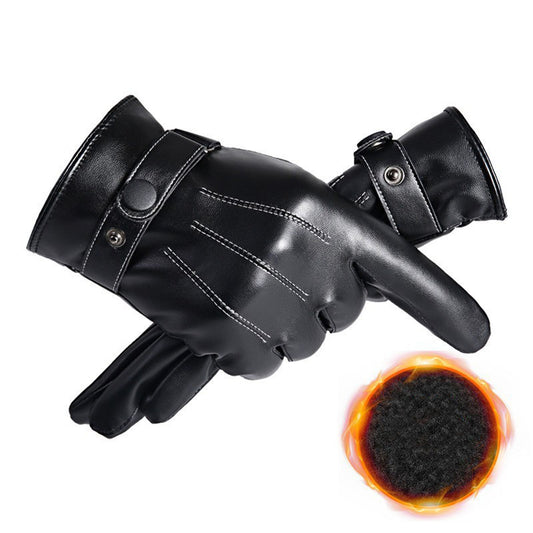 Men's Winter Black PU Leather Gloves for Outdoor Sports