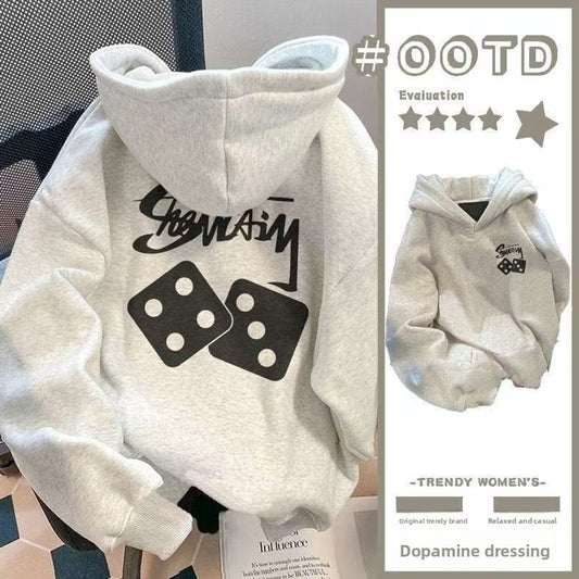 Women's Loose Fit Fleece Lined Hoodie with Geometric Pattern